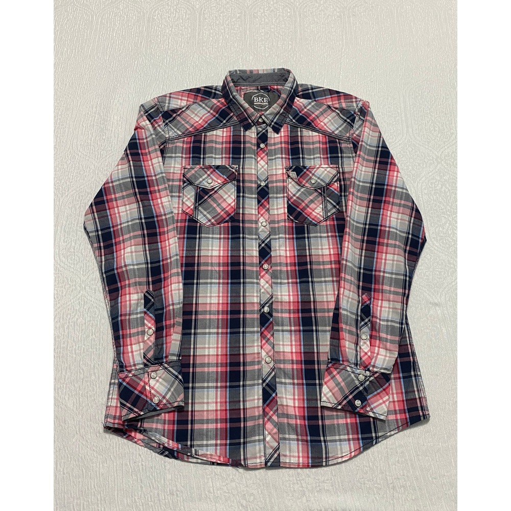BKE Buckle Western Pearl Snap Long Sleeve Shirt Standard Men's Size L Plaid Pink